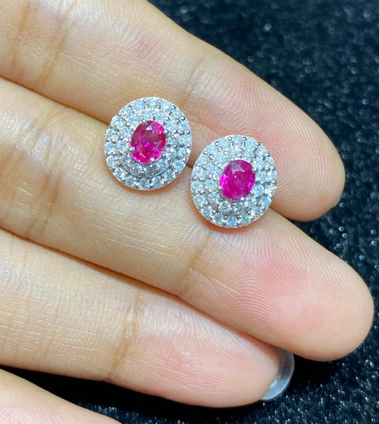 Ruby and Diamond Double Halo Earrings 18K Gold
