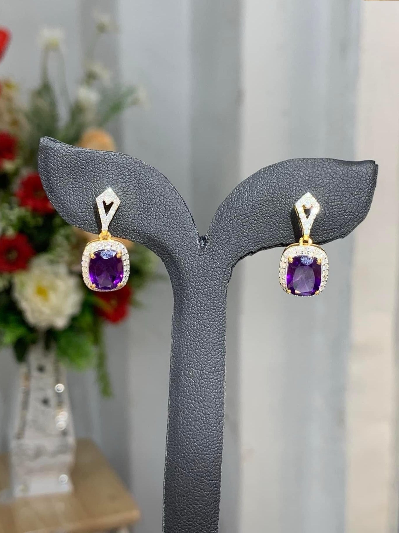 Amethyst and Diamond Drop Earrings 18K Gold