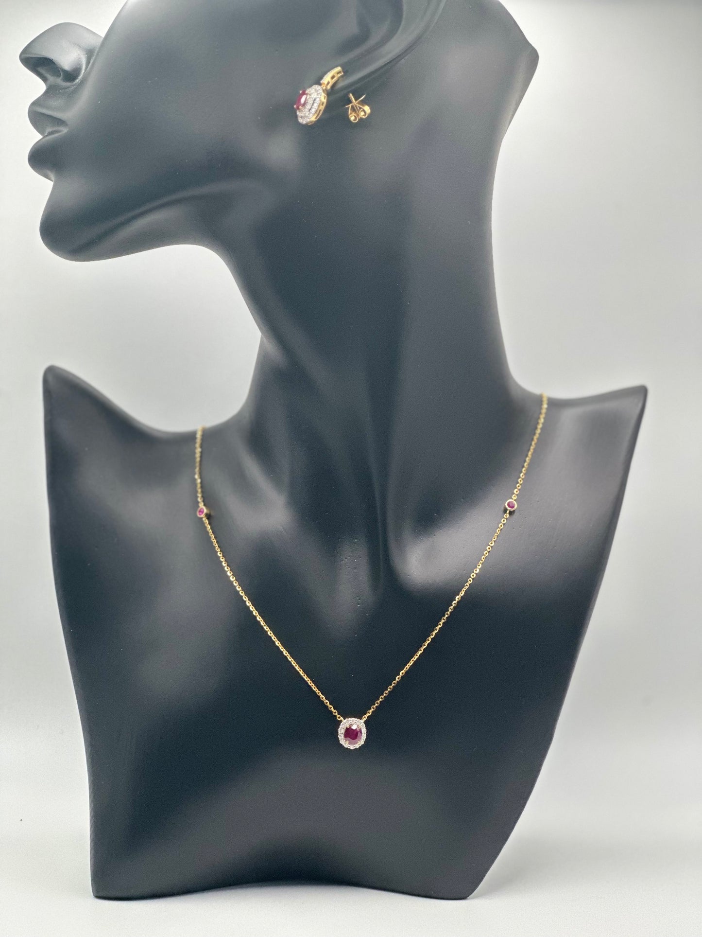 Ruby and Diamond Halo Necklace 18K Gold