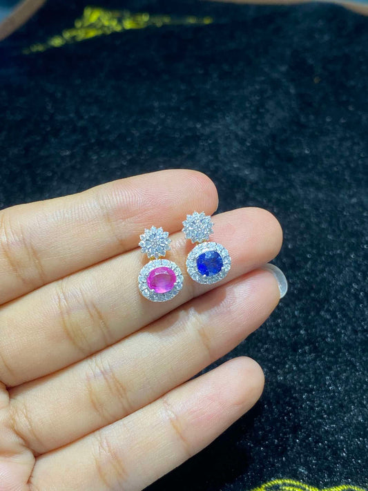 Pink and Blue Sapphire Diamond Halo Earrings (Pre-Order Only)