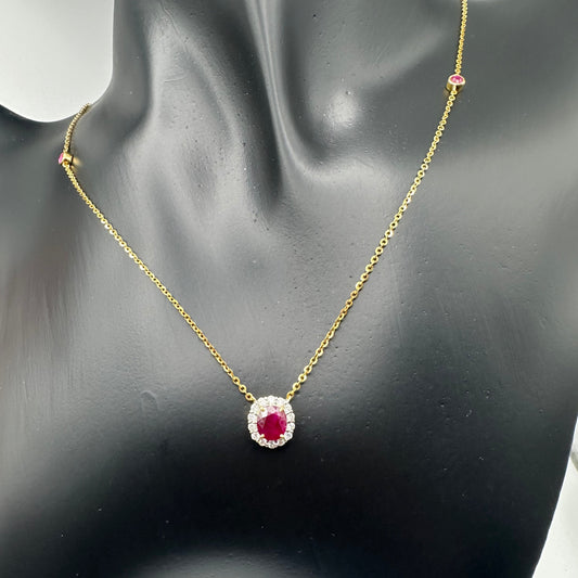 Ruby and Diamond Halo Necklace 18K Gold